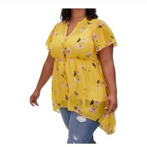Torrid Lexie Babydoll Chiffon Tunic Hi Low Button Front yellow Size 1